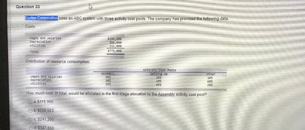  Question 33 Eccles Corporation uses an ABC system with three activity