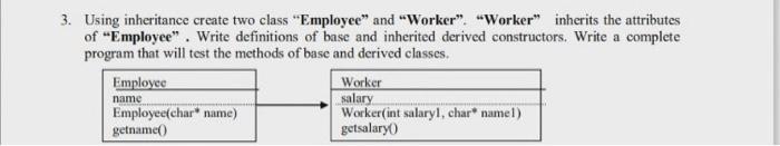  3. Using inheritance create two class "Employee" and "Worker". "Worker" inherits