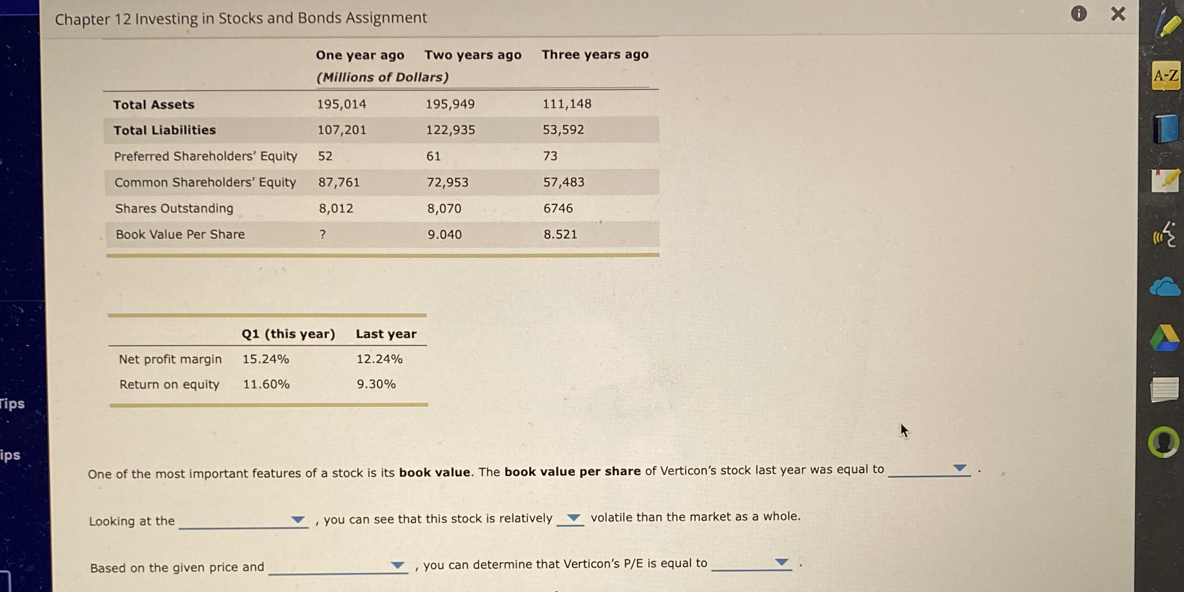  Chapter 12 Investing in Stocks and Bonds Assignment (i) \table[[,\table[[One year