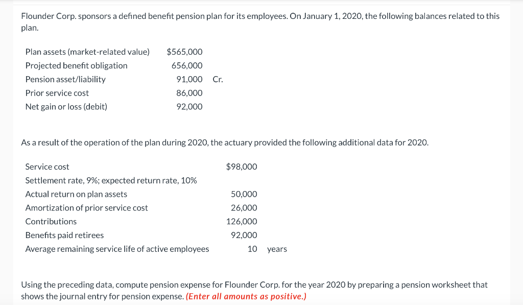  Using the preceding data, compute pension expense for Flounder Corp. for