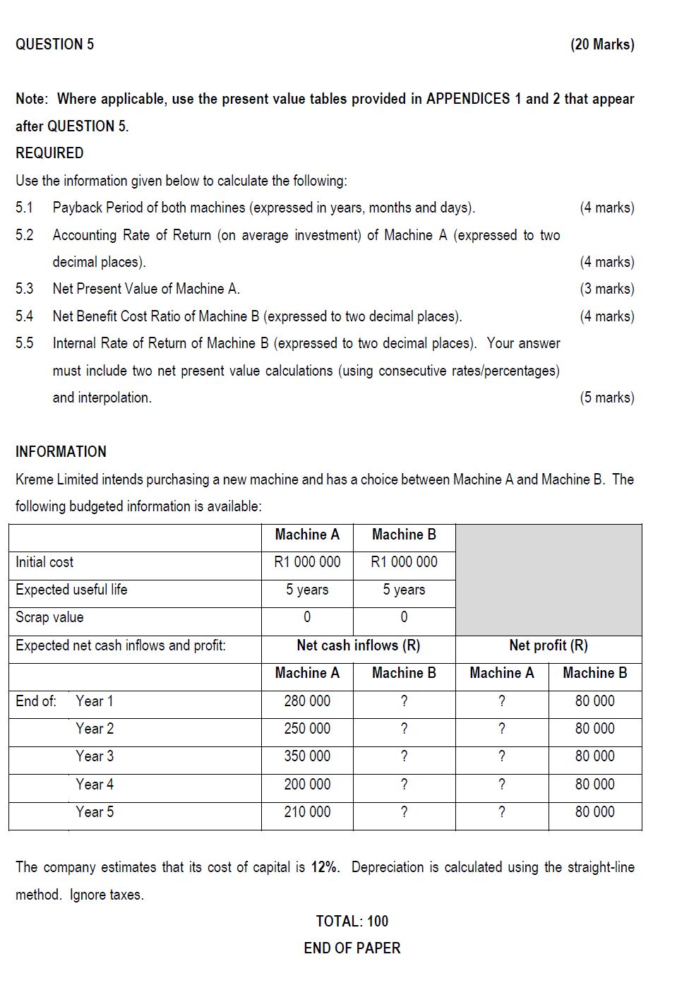  Note: Where applicable, use the present value tables provided in APPENDICES