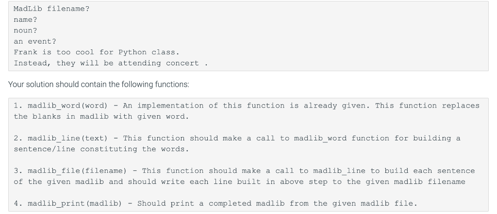  # MadLibs from a file using python def madlib_word(word): """Returns a