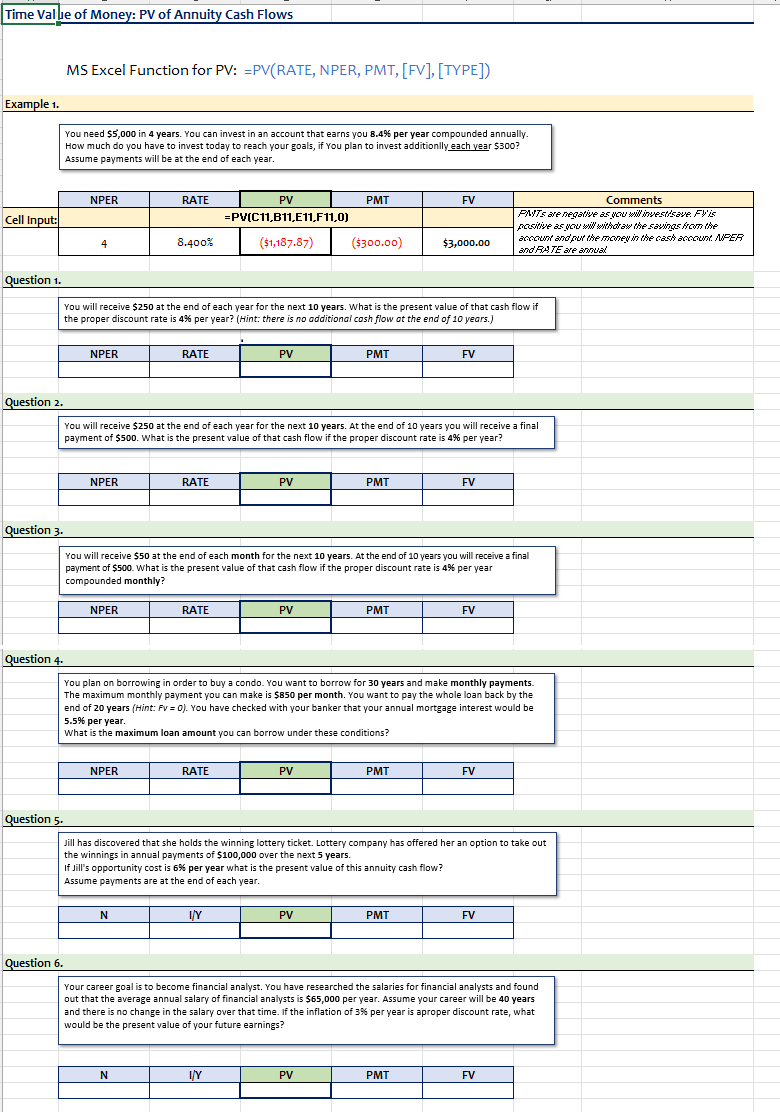  MS Excel Function for PV: =PV(RATE, NPER, PMT, [FV], [TYPE]) 1.