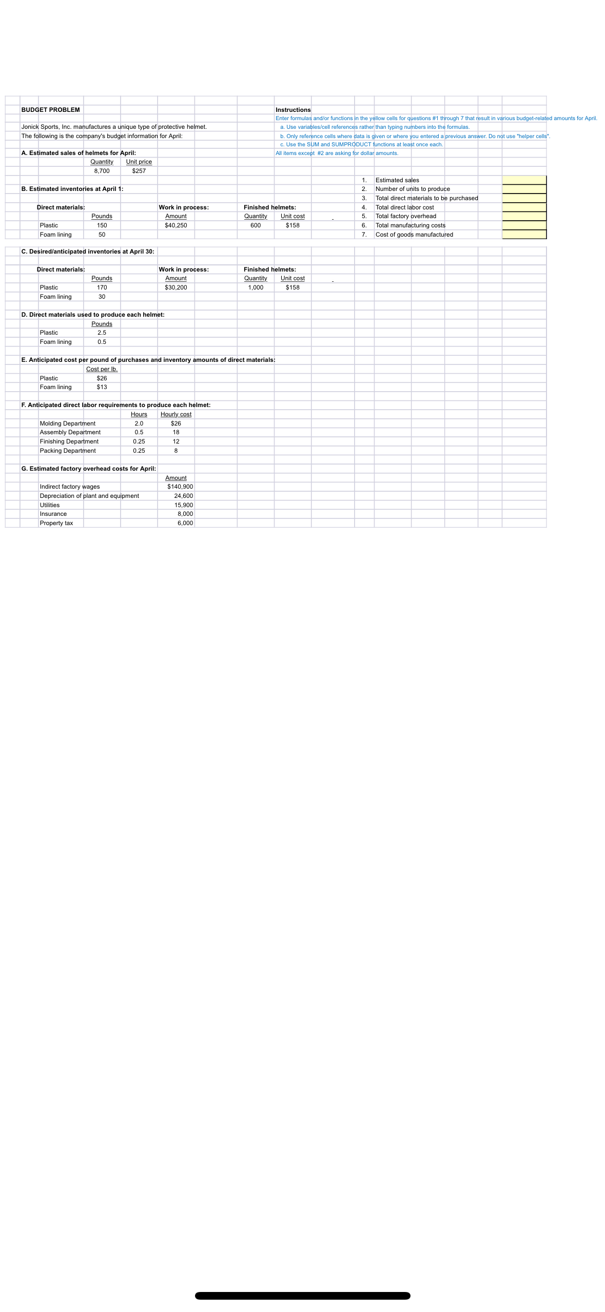  Solve the yellow boxes with excel formulas from the given data