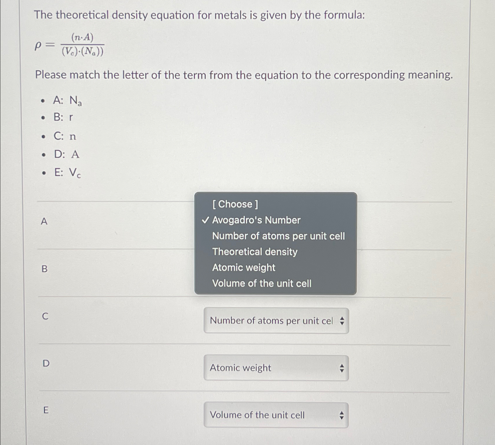 The theoretical density equation for metals is given by the formula:\