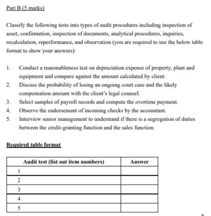  Part B (5 marks) Classify the following tests into types of