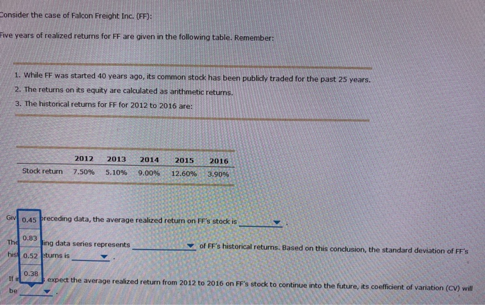 of realized returns for FF are given in the following table. Remember: