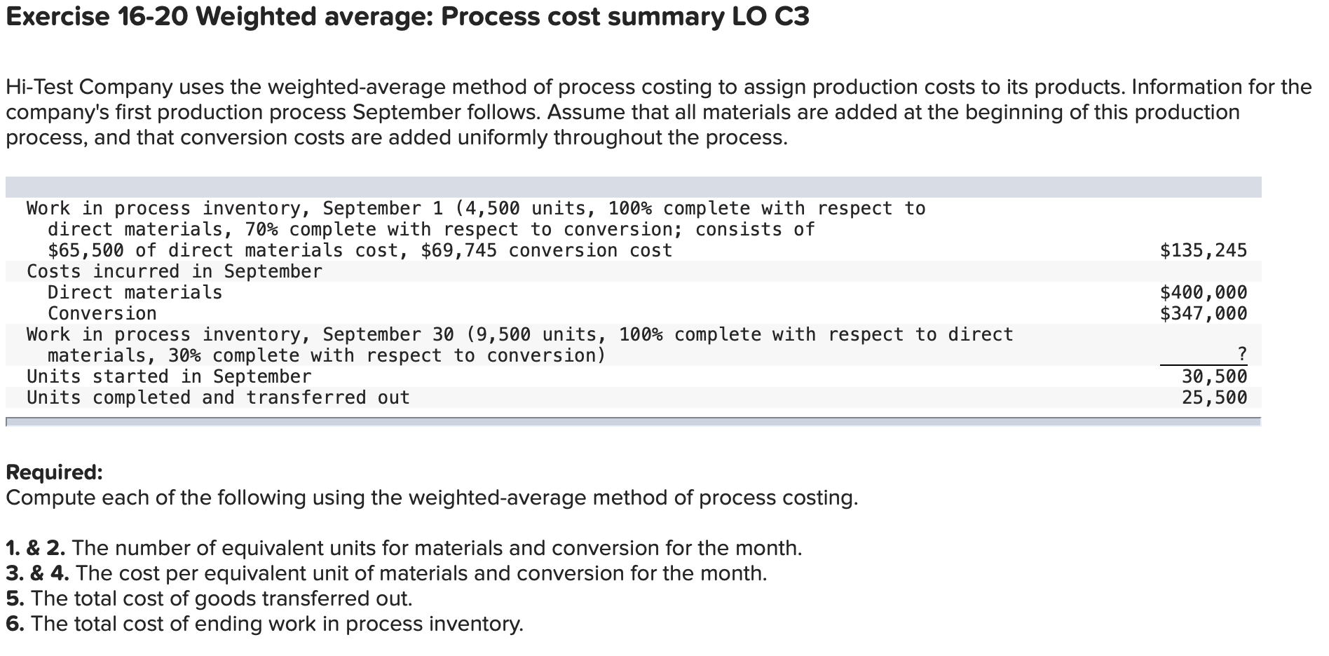  Exercise 16-20 Weighted average: Process cost summary LO C3 Hi-Test Company