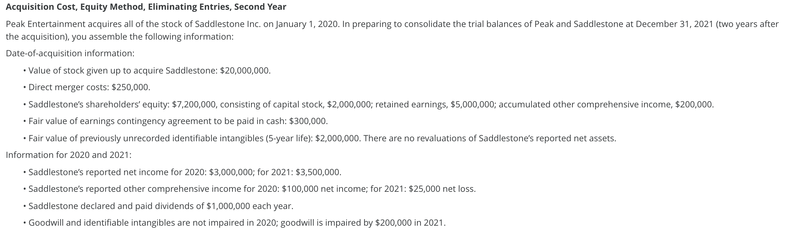  Acquisition Cost, Equity Method, Eliminating Entries, Second Year Peak Entertainment acquires