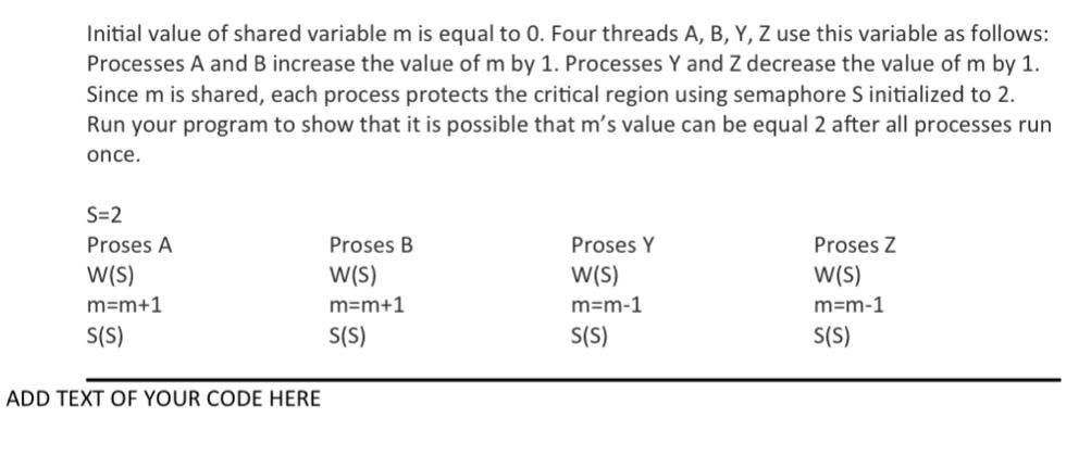  Initial value of shared variable m is equal to 0 .