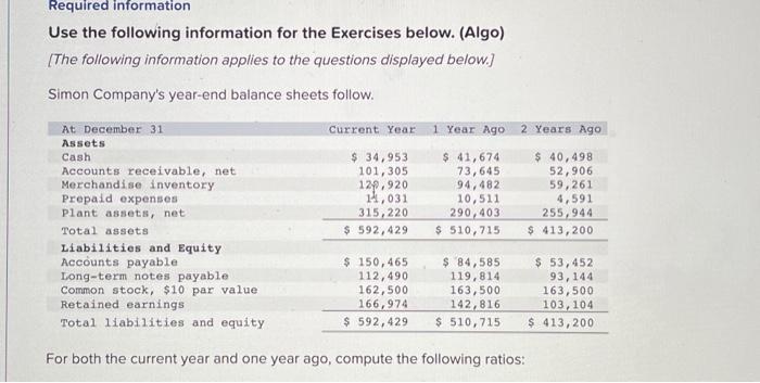  Required information Use the following information for the Exercises below. (Algo)