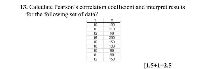  13. Calculate Pearson's correlation coefficient and interpret results for the following