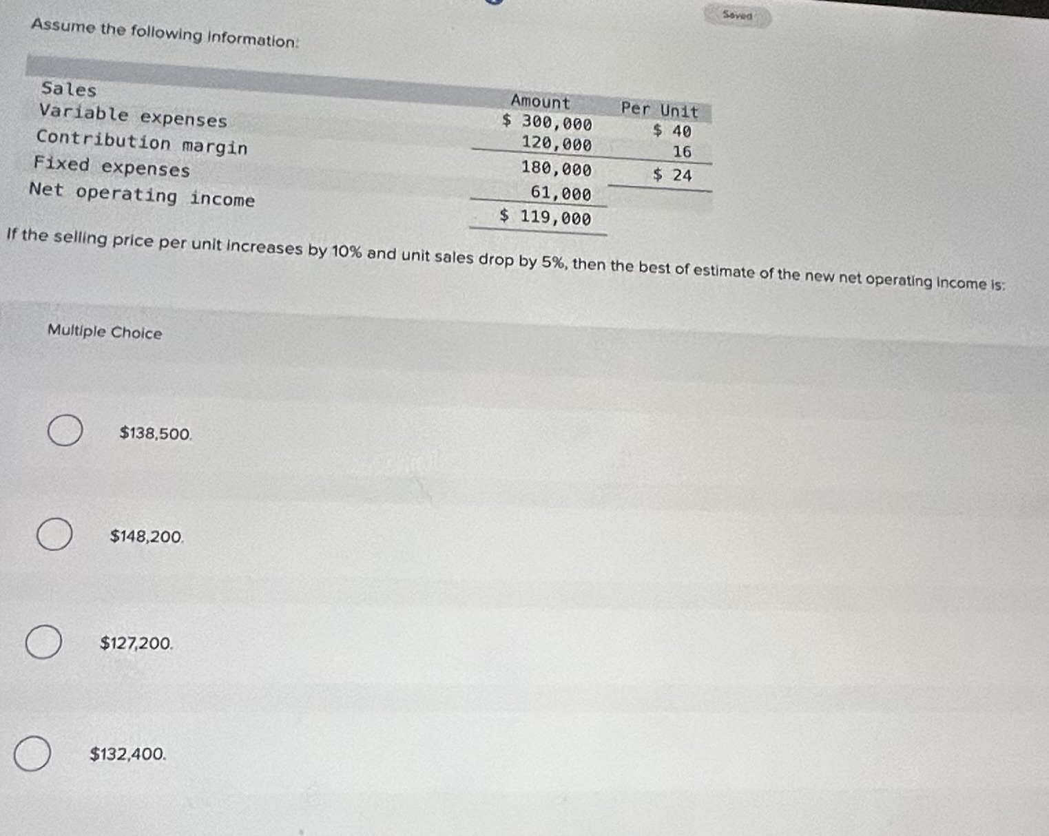  Assume the following Information: Sales Variable expenses Contribution margin Fixed expenses
