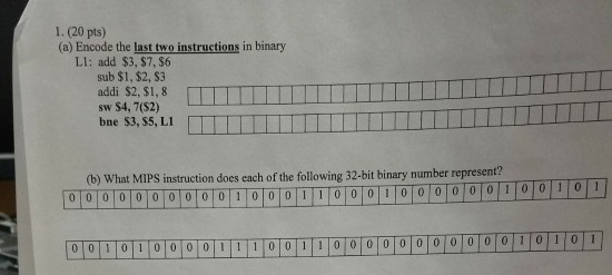  1. (20 pts) (a) Encode the last two instructions in binary