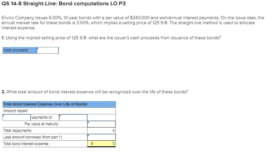  QS 14-8 Straight-Line: Bond computations LO P3 Enviro Company issues 6.00