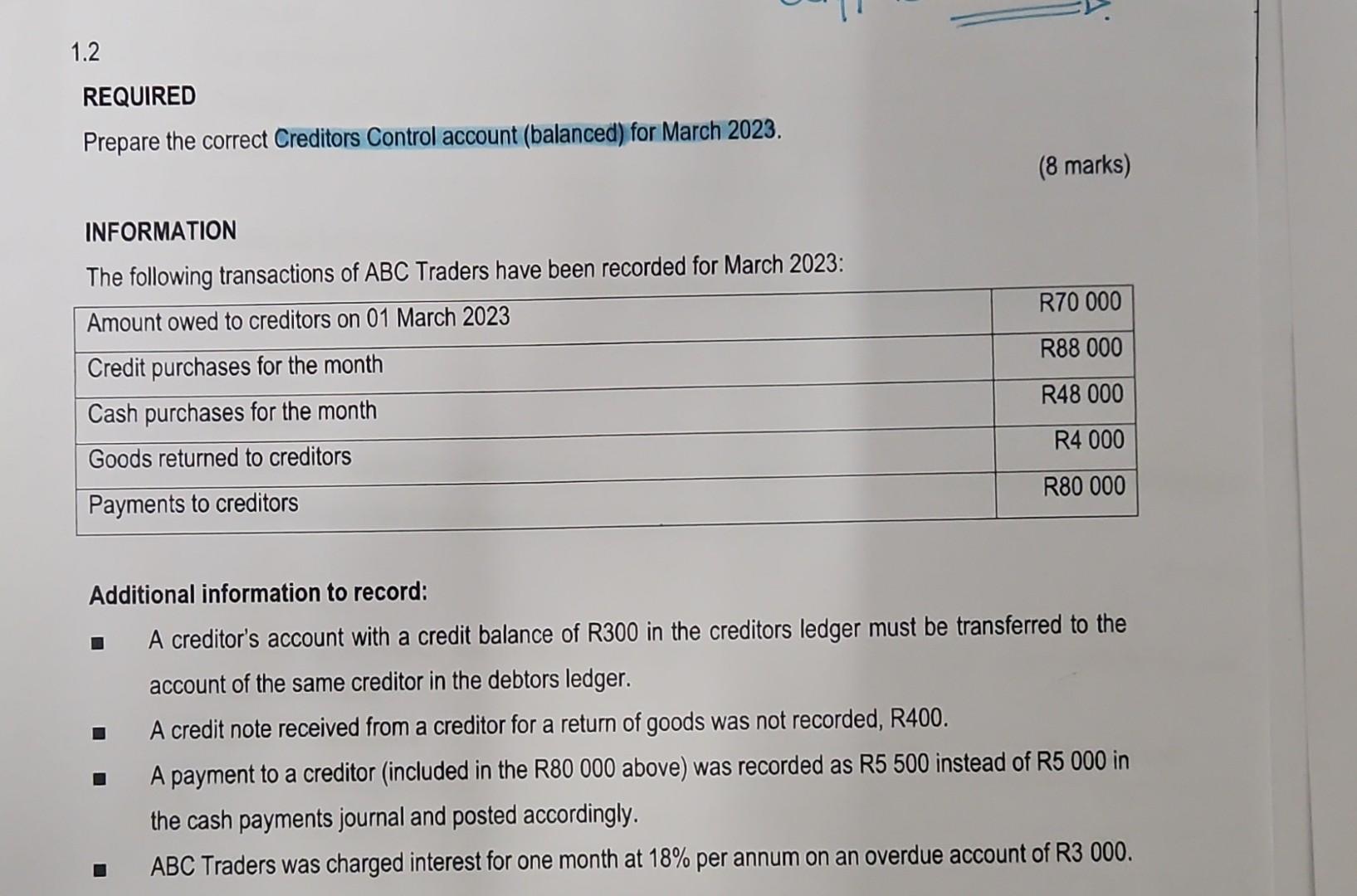 REQUIRED Prepare the correct Creditors Control account (balanced) for March 2023.