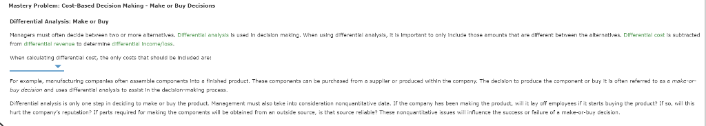  Make or Buy Decisions Mastery Problem: Cost-Based Decision Making s subtracted