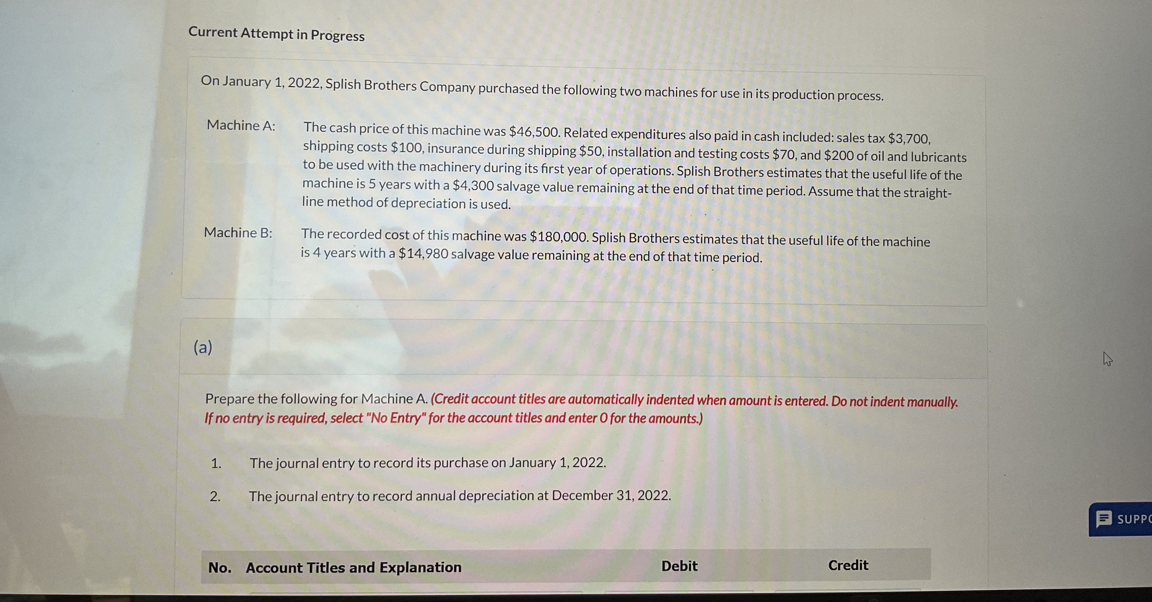  Current Attempt in Progress On January 1,2022, Splish Brothers Company purchased