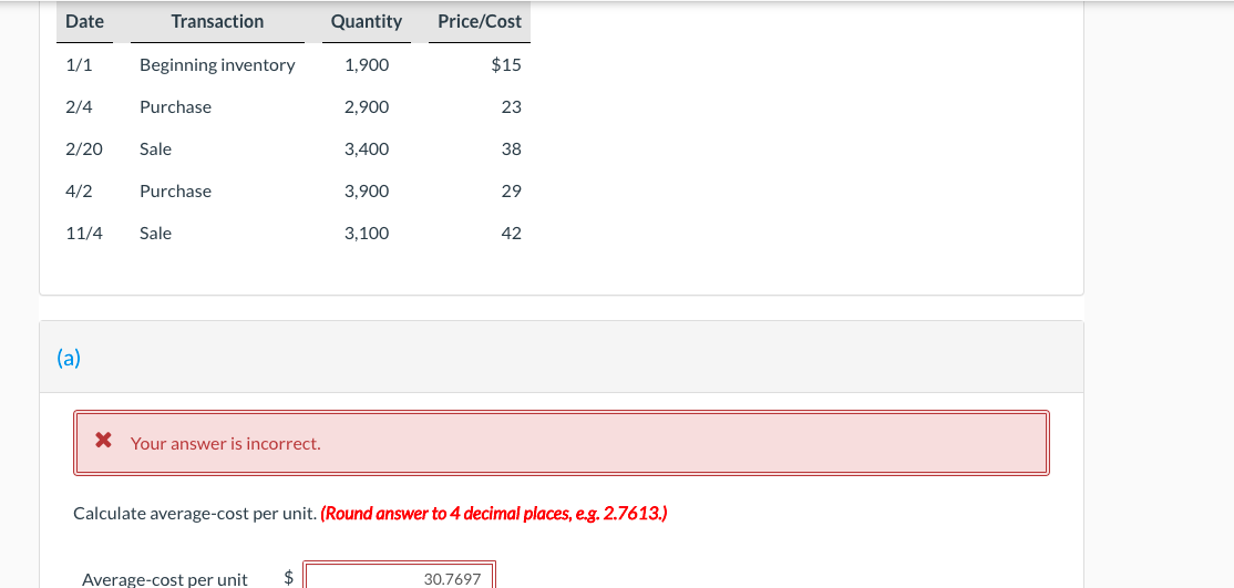 Help me please Date Transaction Quantity Price/Cost 1/1 Beginning inventory 1,900 $15