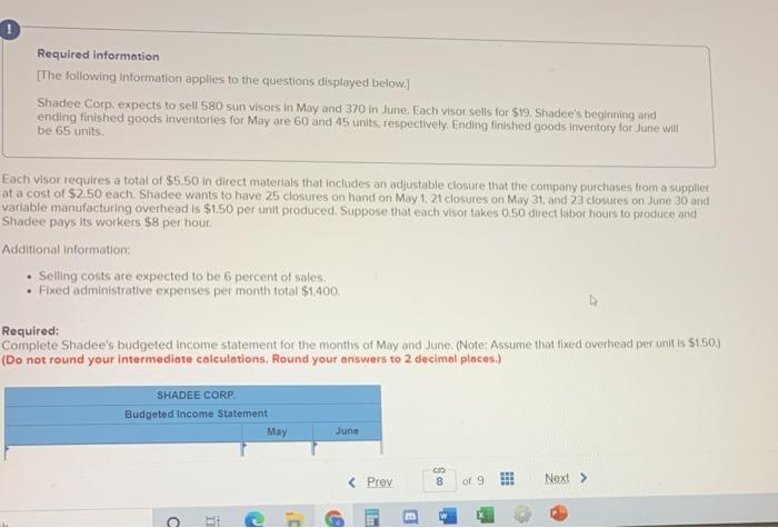 questions displayed below) Shadee Corp. expects to sell 580 sun visors in
