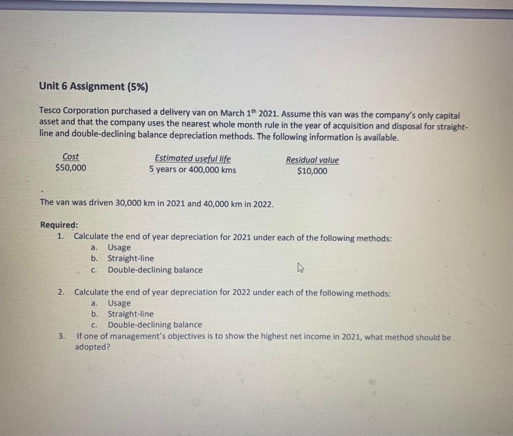 Unit 6 Assignment (5%) Tesco Corporation purchased a delivery van on