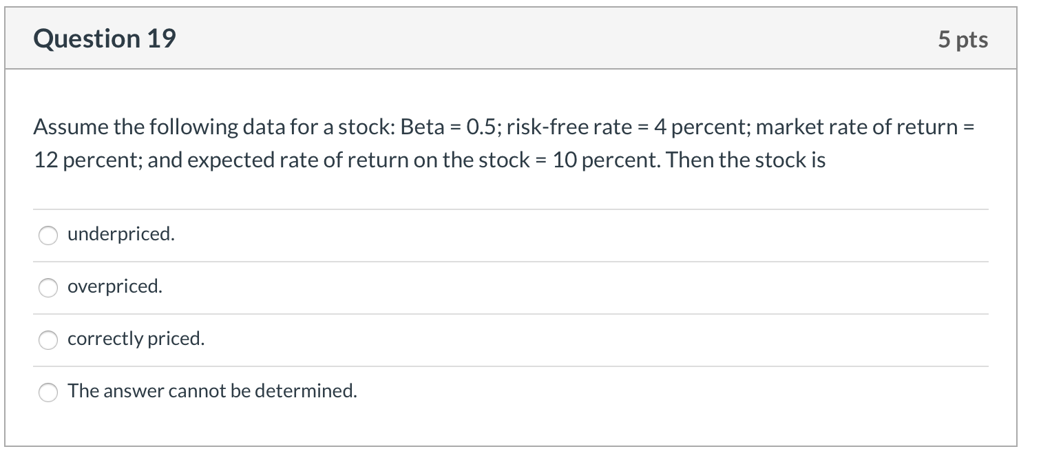  Question 19 5 pts Assume the following data for a stock: