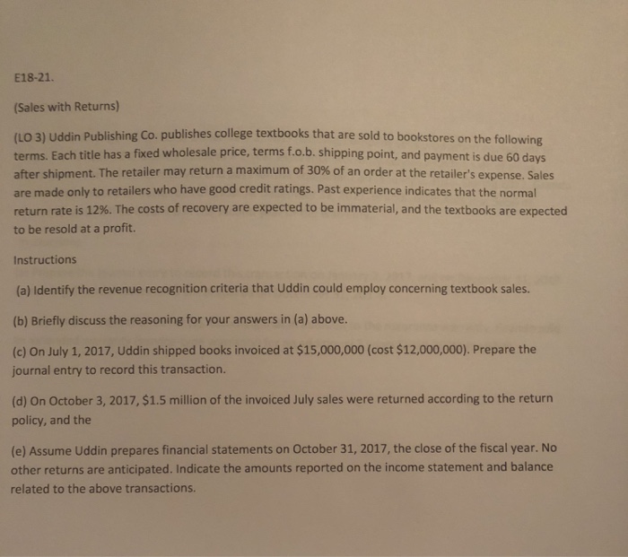  E18-21 (Sales with Returns) (LO 3) Uddin Publishing Co. publishes college