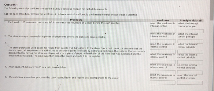  Help Pleased Question 1 The following control procedures are used in