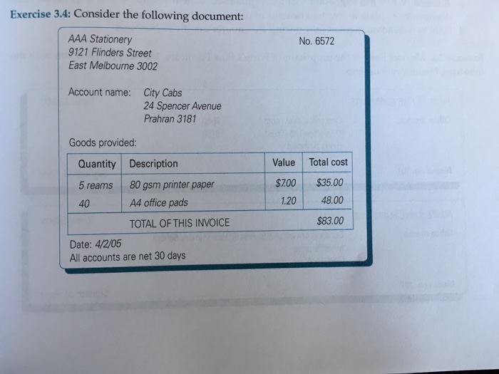  Accounting Exercise 3.4 Exercise 3.4: Consider the following document: AAA Stationery