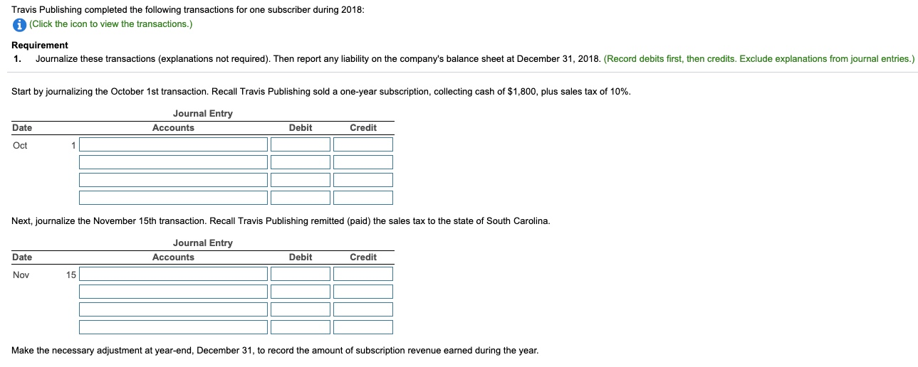  Travis Publishing completed the following transactions for one subscriber during 2018: