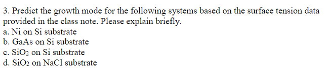  Predict the growth mode for the following systems based on the