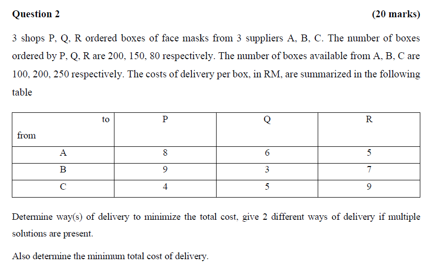  Question 2 (20 marks) 3 shops P, Q, R ordered boxes
