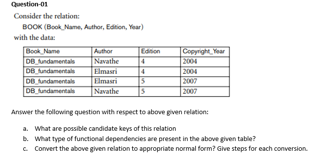 Database Managemnet System Question-01 Consider the relation: BOOK (Book_Name, Author, Edition, Year)