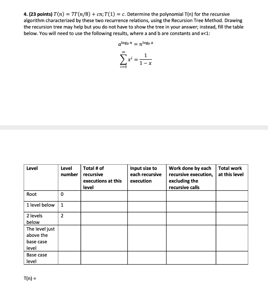 4. (23 points) T(n) = 7T(n/8) + cn;T(1) = c. Determine