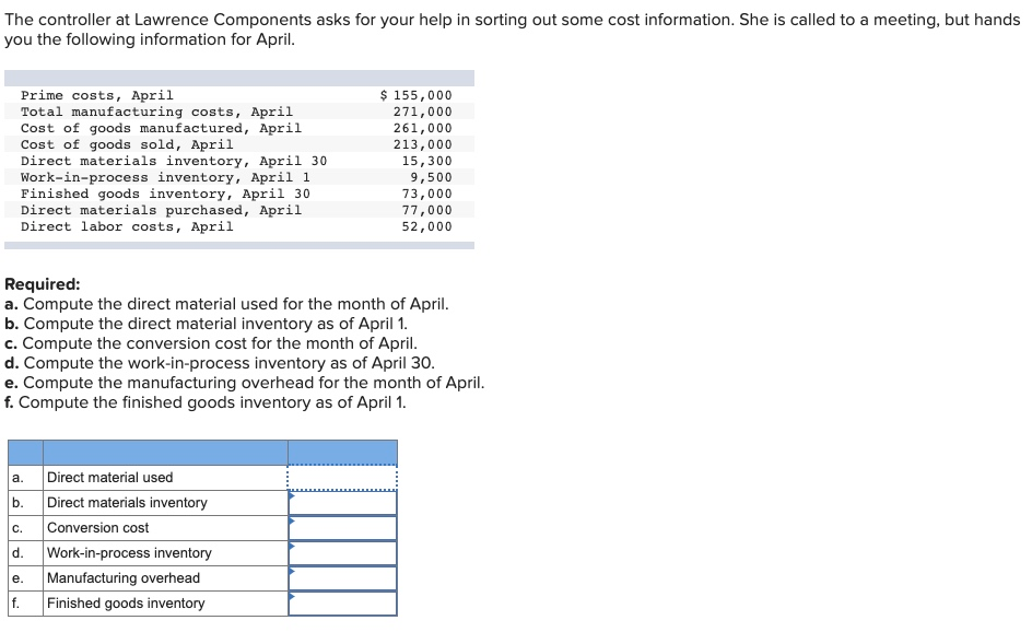  The controller at Lawrence Components asks for your help in sorting