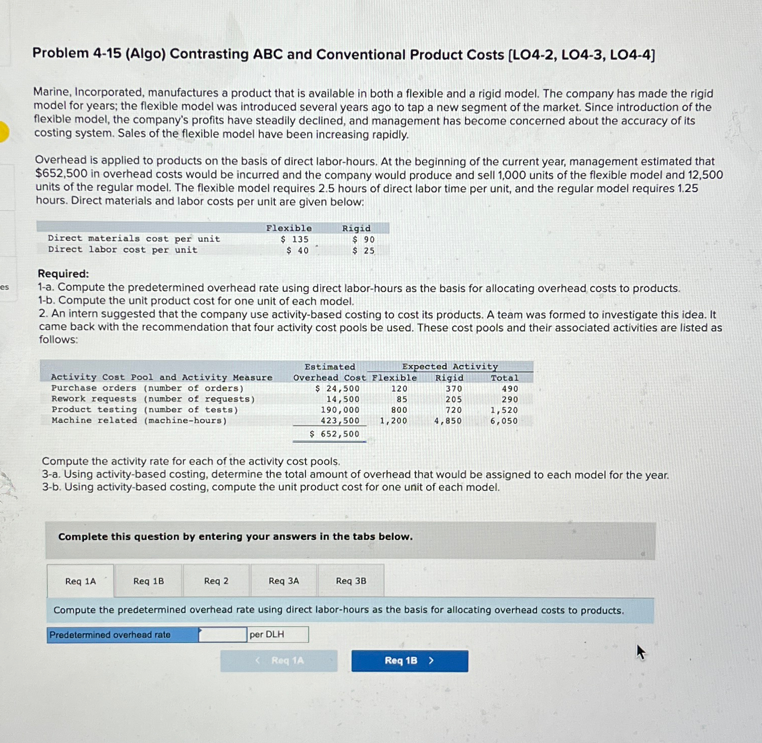  Problem 4-15(Algo) Contrasting ABC and Conventional Product Costs [LO4-2, LO4-3, LO4-4]
