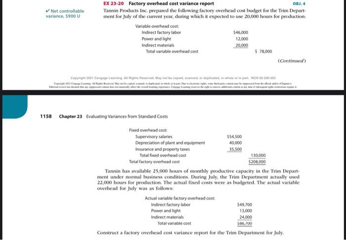  Net controllable variance, $900 U EX 23-20 Factory overhead cost variance