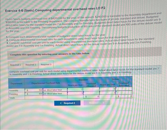  Exercise 4-6 (Static) Computing departmental overhead rates LO P2 Hydro Sports