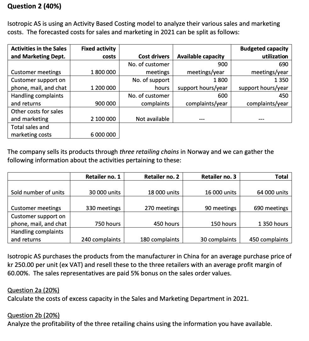  Question 2 (40%) Isotropic AS is using an Activity Based Costing