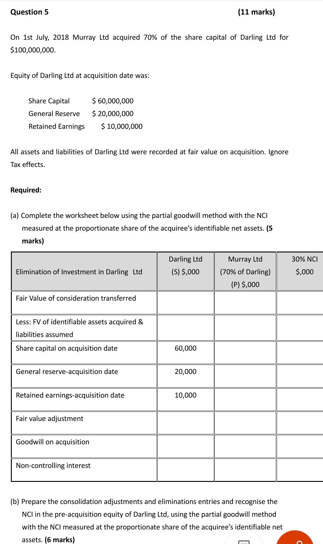 Question 5 (11 marks) On 1st July, 2018 Murray Ltd acquired