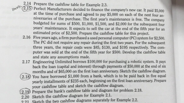  2.14 Prepare the cashflow table for Example 2.3 2.15 Perfect Manufacturers