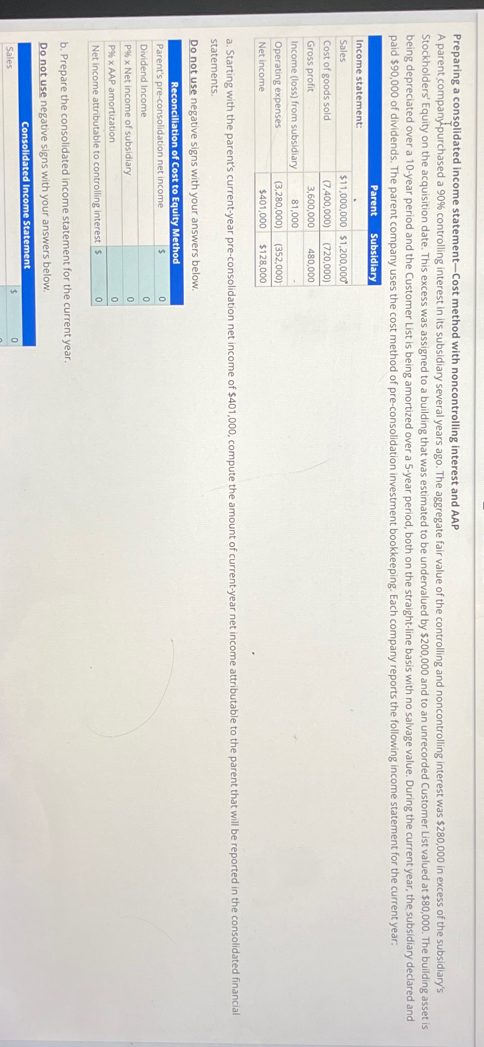  Preparing a consolidated income statement-Cost method with noncontrolling interest and AAP