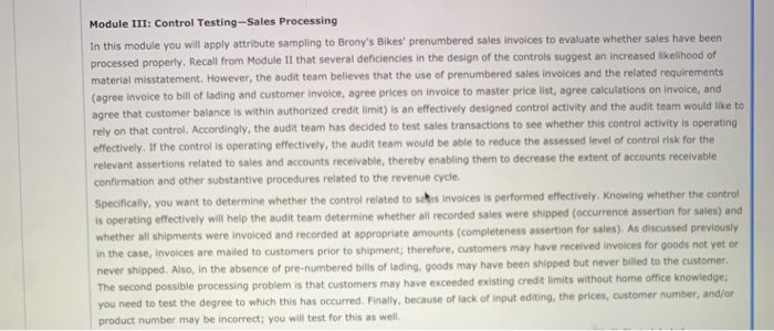  Module III: Control Testing-Sales Processing In this module you will apply
