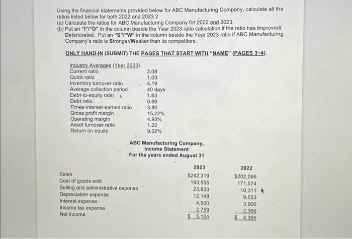  Using the financial statements provided below for ABC Manufacturing Company, calculate