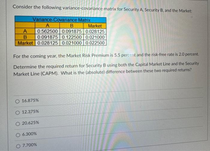  Consider the following variance-covariance matrix for Security A, Security B, and