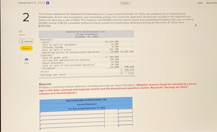  Assignment 9 - Ch 13 2 50 points 01:47:28 Skipped Print