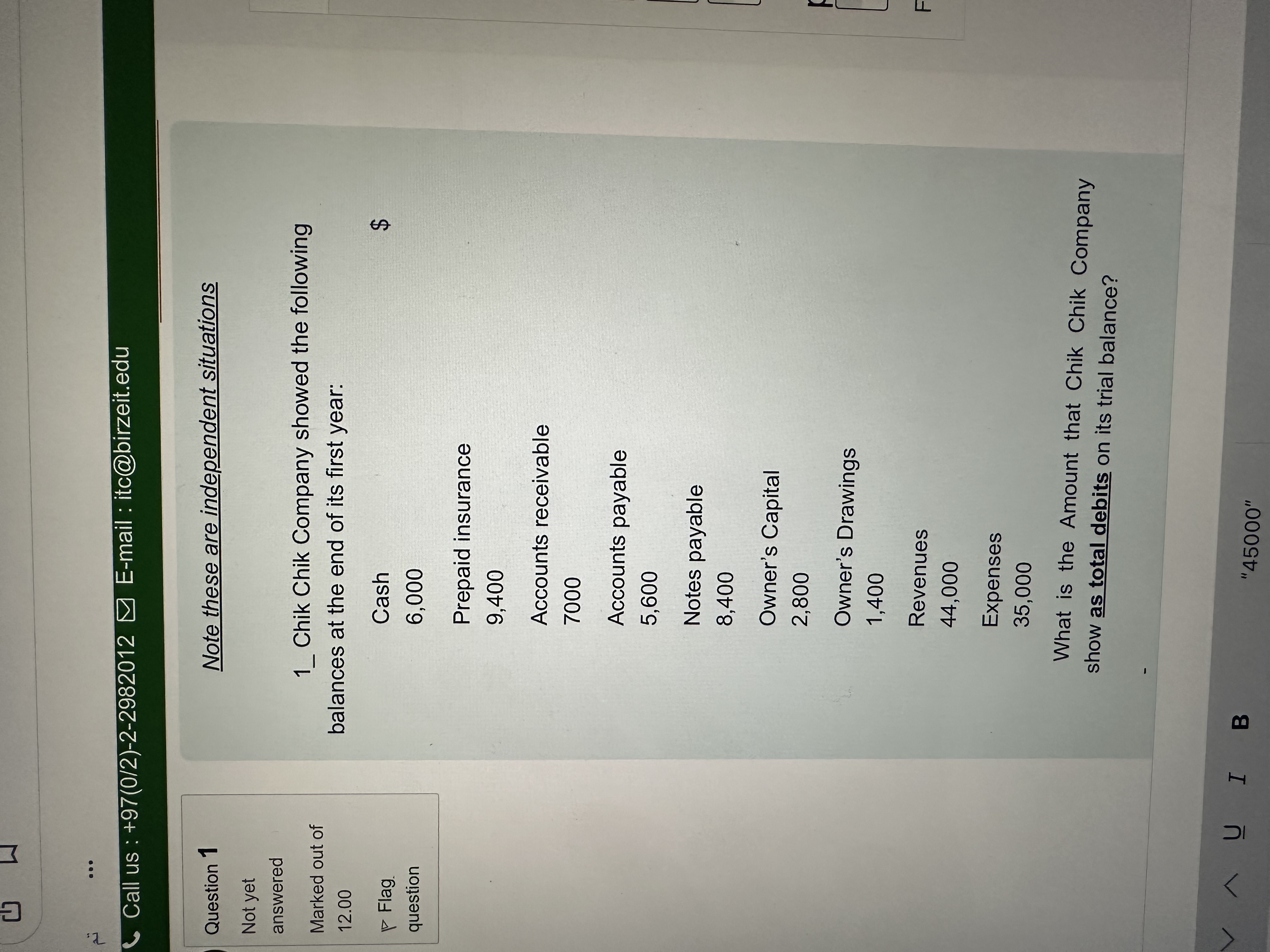  Call us : +97(02)-2-2982012 E-mail : itc@birzeit.edu Question 1 Not yet