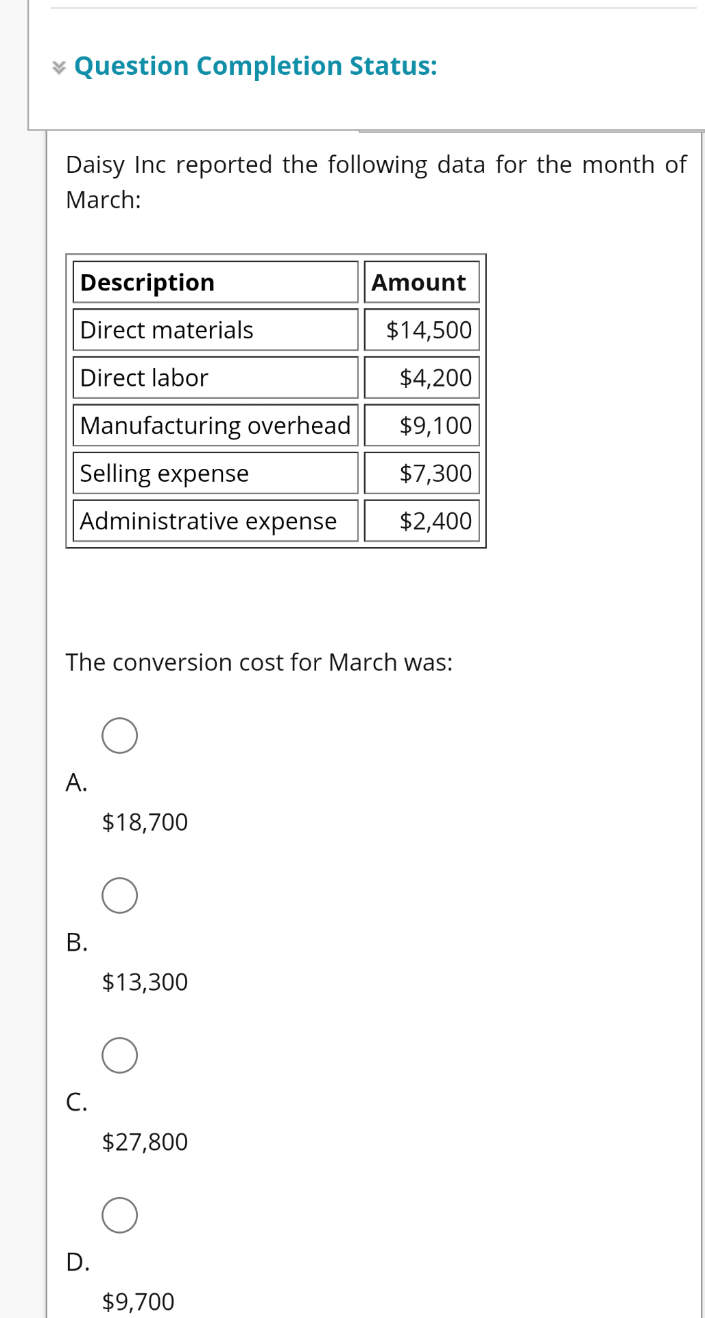  Question Completion Status: Daisy Inc reported the following data for the