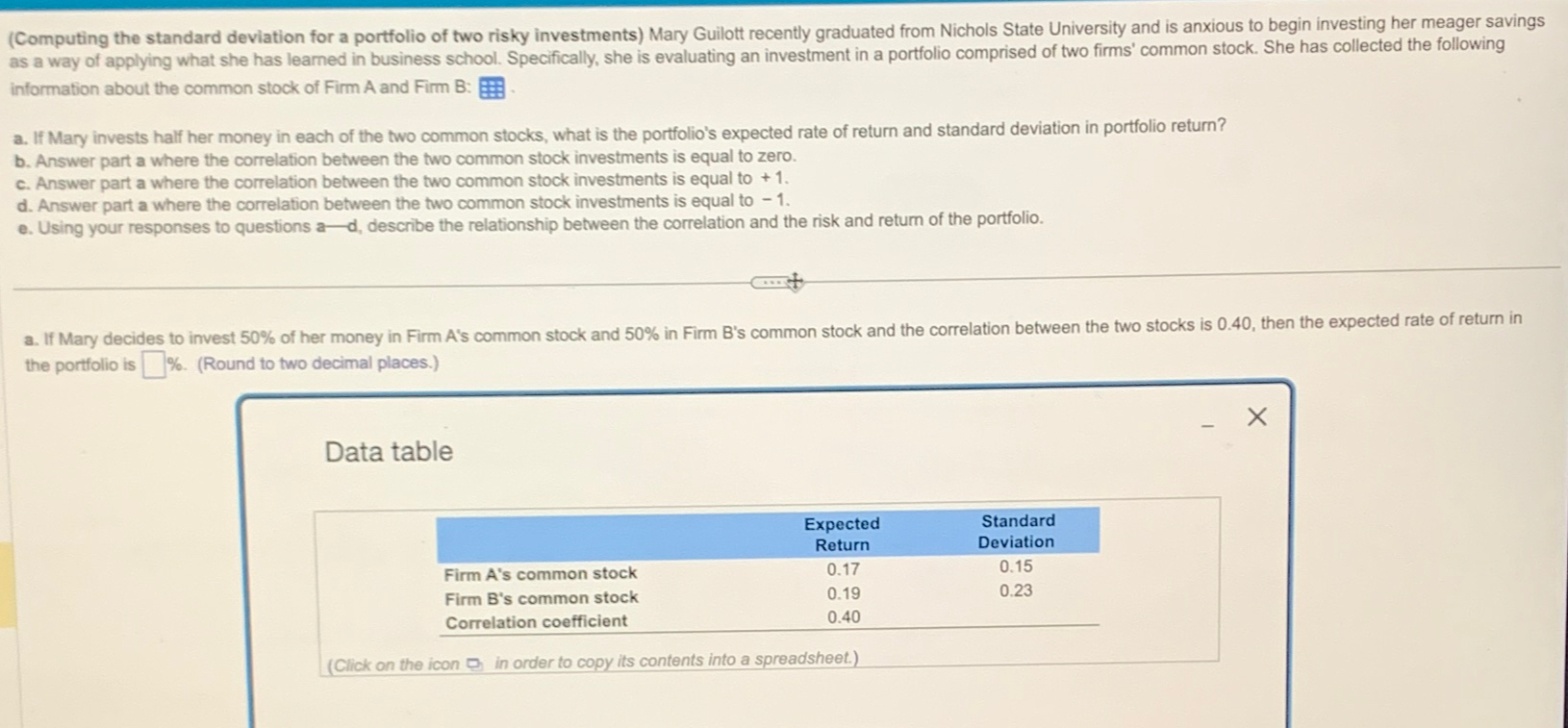  (Computing the standard deviation for a portfolio of two risky investments)