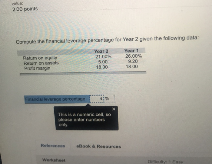  value: 2.00 points Compute the financial leverage percentage for Year 2